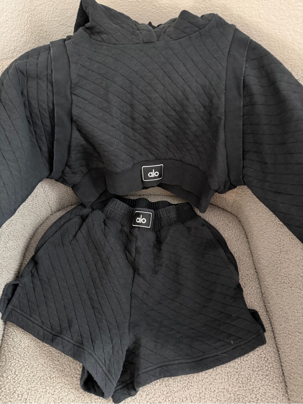ALO Yoga Black Quilted Athletic Shorts and hoodie set